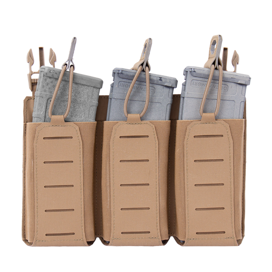 Warrior Laser Cut Detachable Front Panel, Triple Bungee, Low Profile Elastic 5.56 Mag Pouch Coyote Tan