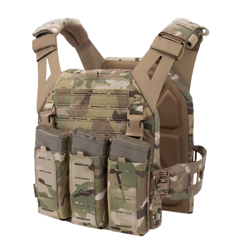 Warrior Laser Cut LPC V3 Low Profile Plate Carrier Base With Slimline Ladder Sides, DFP Triple Bungee Low Profile Elastic G2 5.56 Mag Pouch